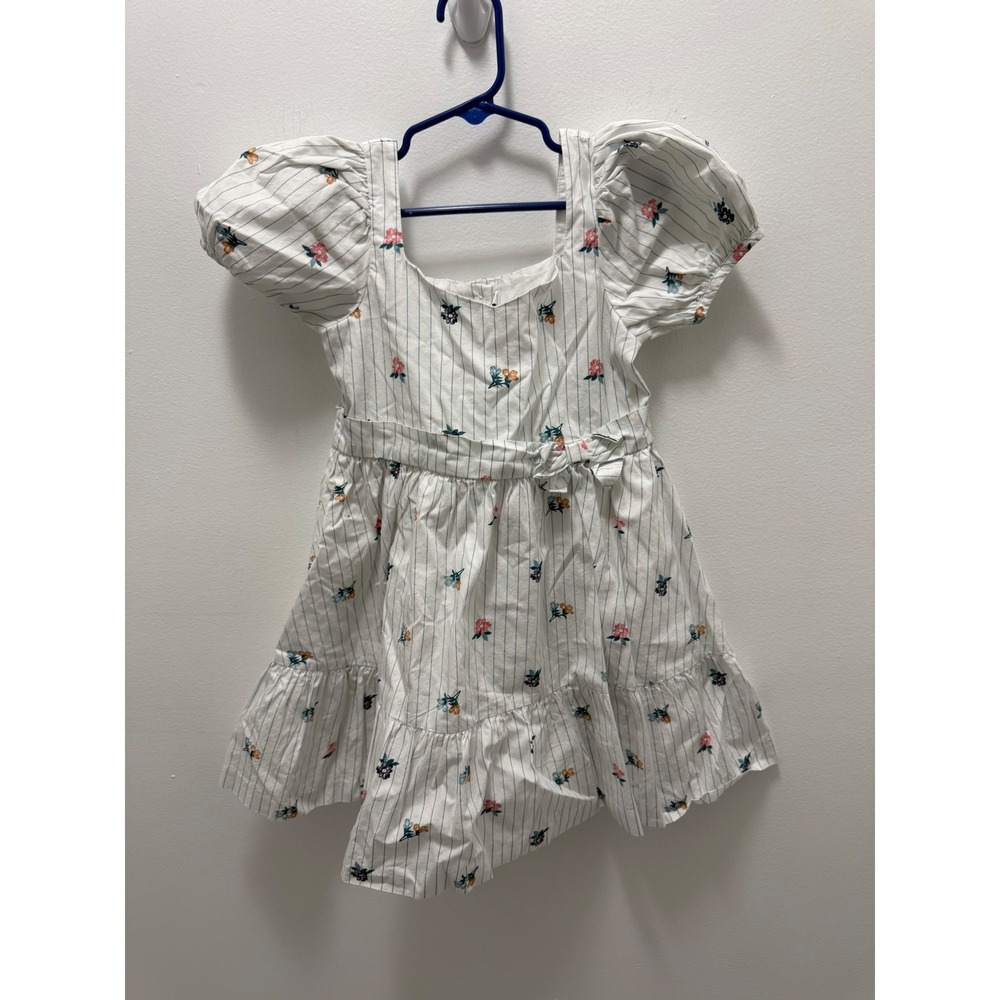 Janie and Jack White Floral Pinstripe Puff Sleeve Tiered Cotton Dress Size 6